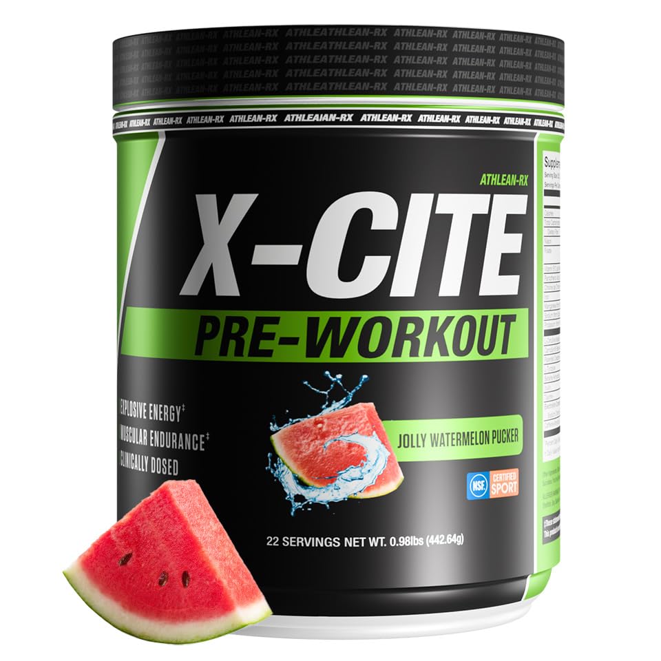 ATHLEAN-X X-CITE Pre-Workout Bottle and Jolly Watermelon Pucker flavor