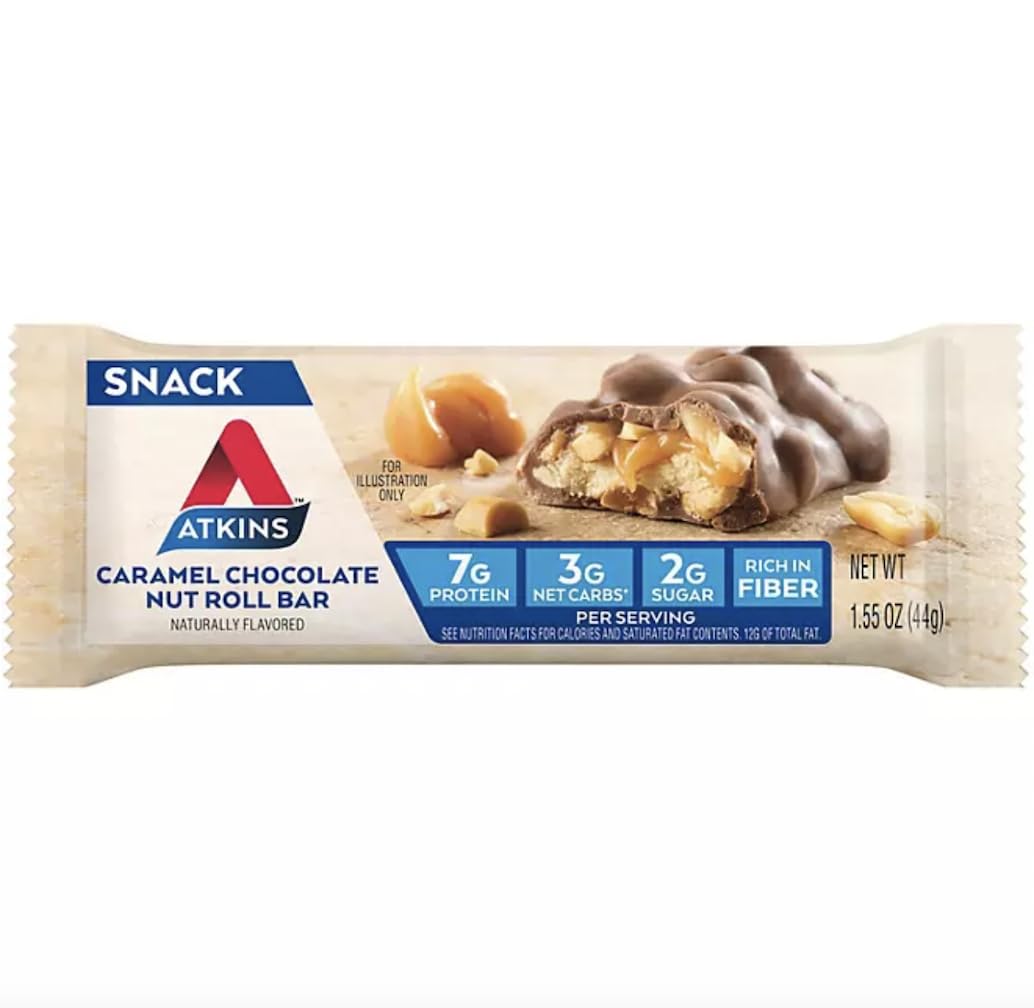 Atkins Caramel Chocolate Nut Roll packaging displaying 20-count value pack