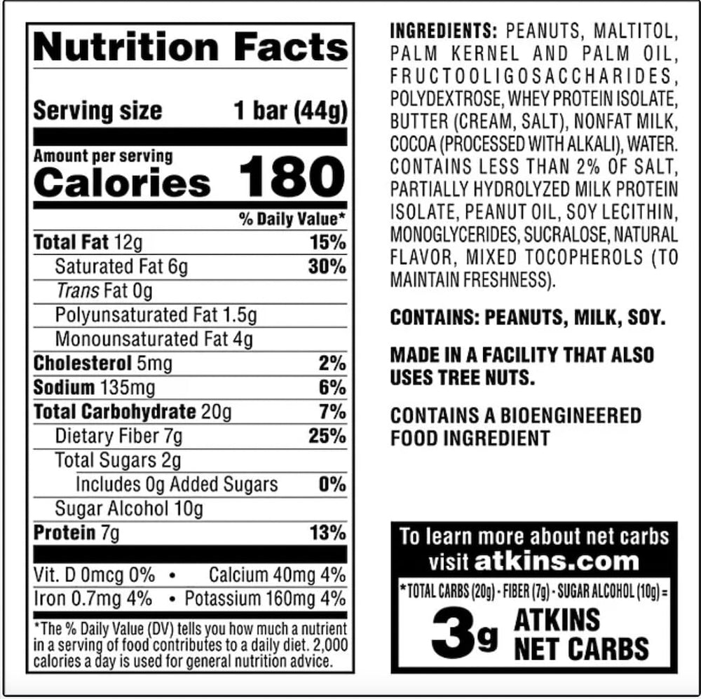 Nutrition facts panel on Atkins Caramel Chocolate Nut Roll packaging