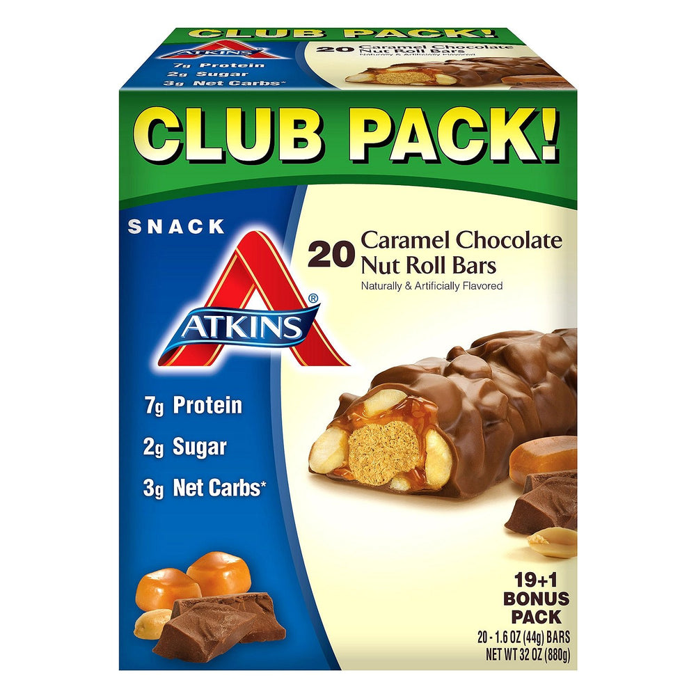 Atkins snack bar caramel chocolate nut roll box—protein-packed energy for busy afternoons.