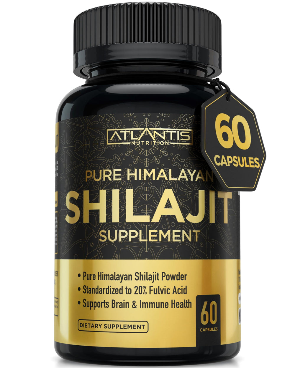 Atlantis Nutrition Himalayan Shilajit Capsules bottle label showing 1000mg per serving and 20% fulvic acid