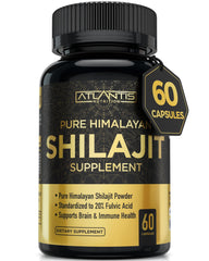 Atlantis Nutrition Himalayan Shilajit Capsules bottle label showing 1000mg per serving and 20% fulvic acid