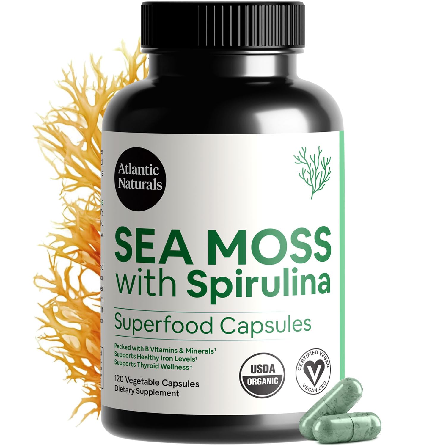 Atlantic Naturals Sea Moss with Spirulina capsules bottle, 120 count