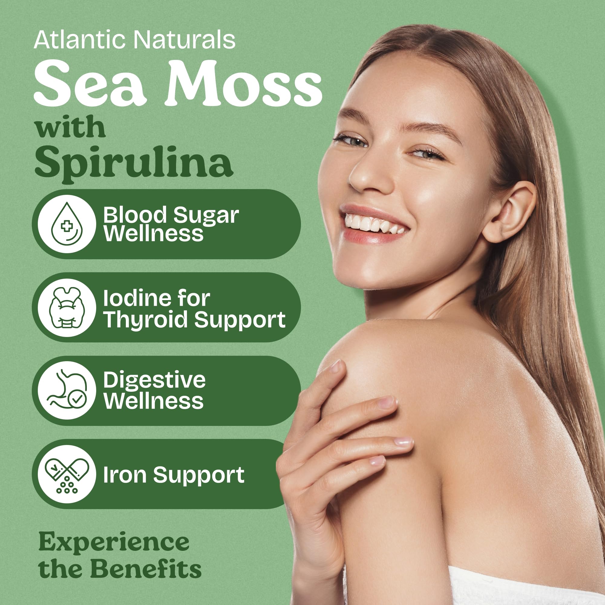 Front view of Atlantic Naturals Sea Moss Spirulina bottle label