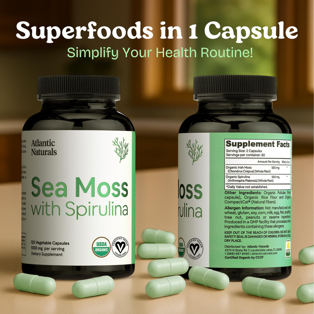 Close-up of green spirulina capsules inside bottle