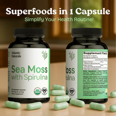 Close-up of green spirulina capsules inside bottle
