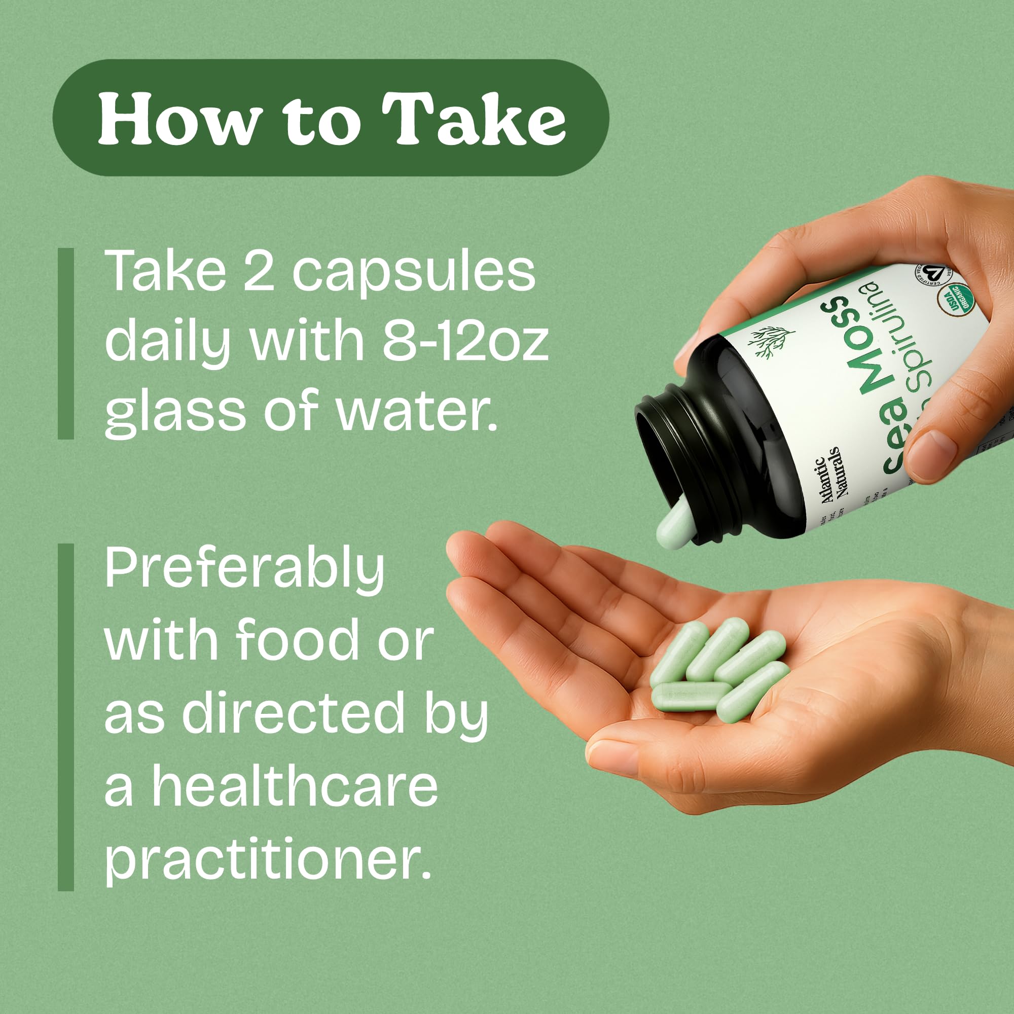 Supplement facts panel from Atlantic Naturals Sea Moss Spirulina bottle
