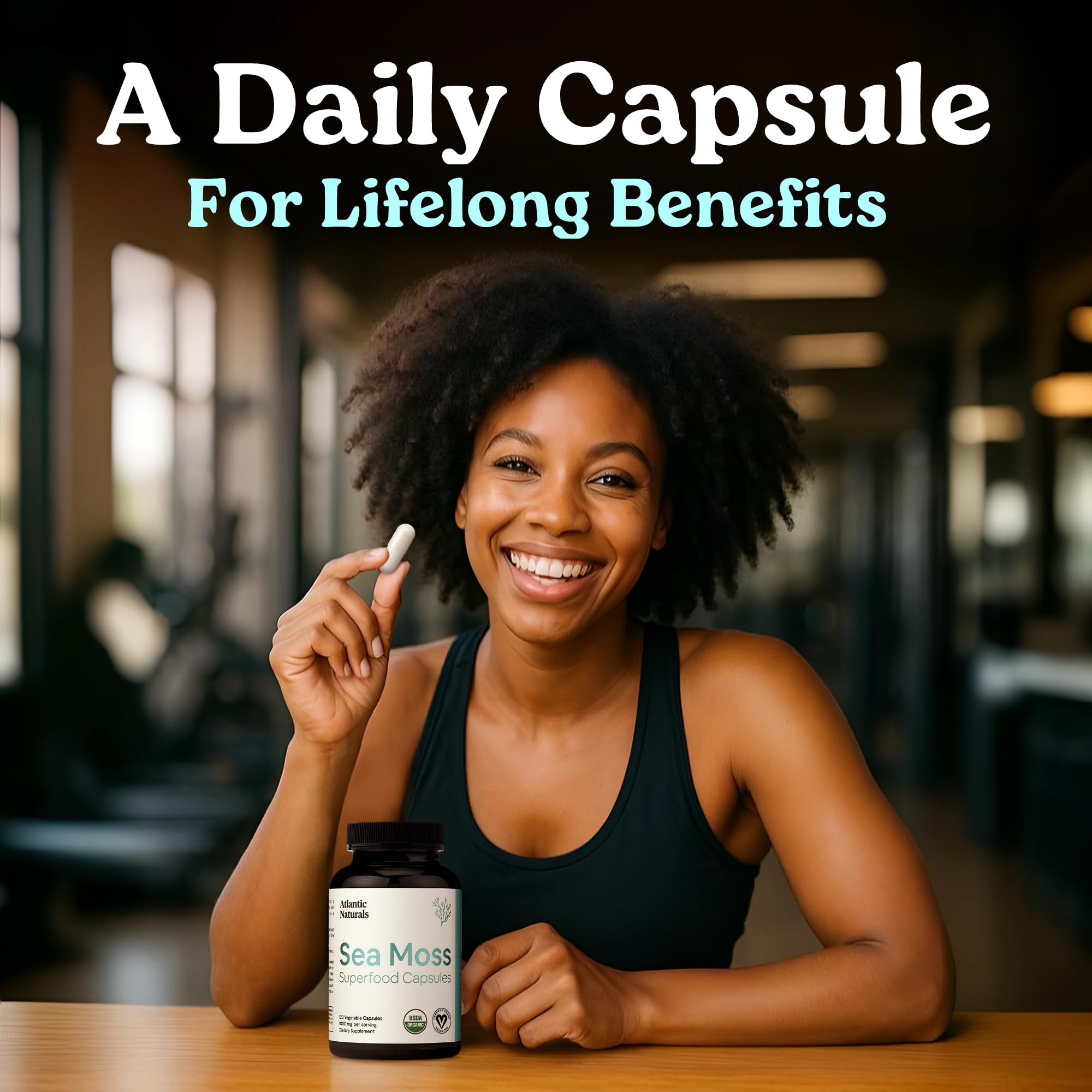 Atlantic Naturals Sea Moss Capsules packaging and bottle on a clean surface
