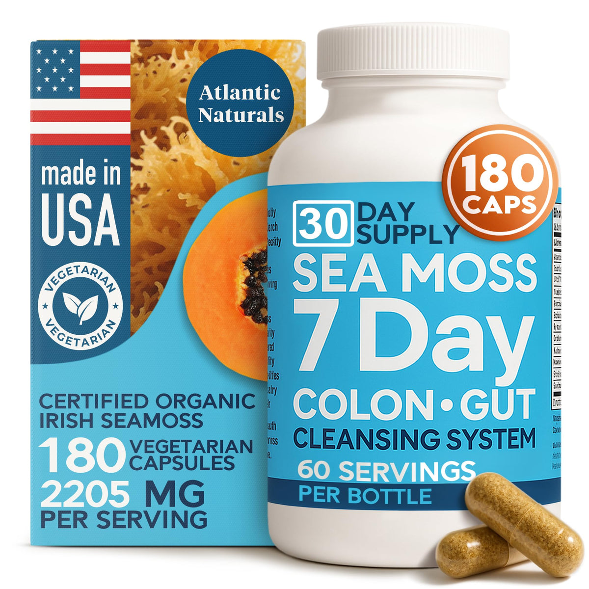 Atlantic Naturals Sea Moss 7-Day Colon & Gut capsules bottle front