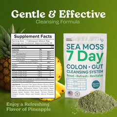 Ingredients display: Psyllium Husk, Golden Flax Seeds, and Sea Moss