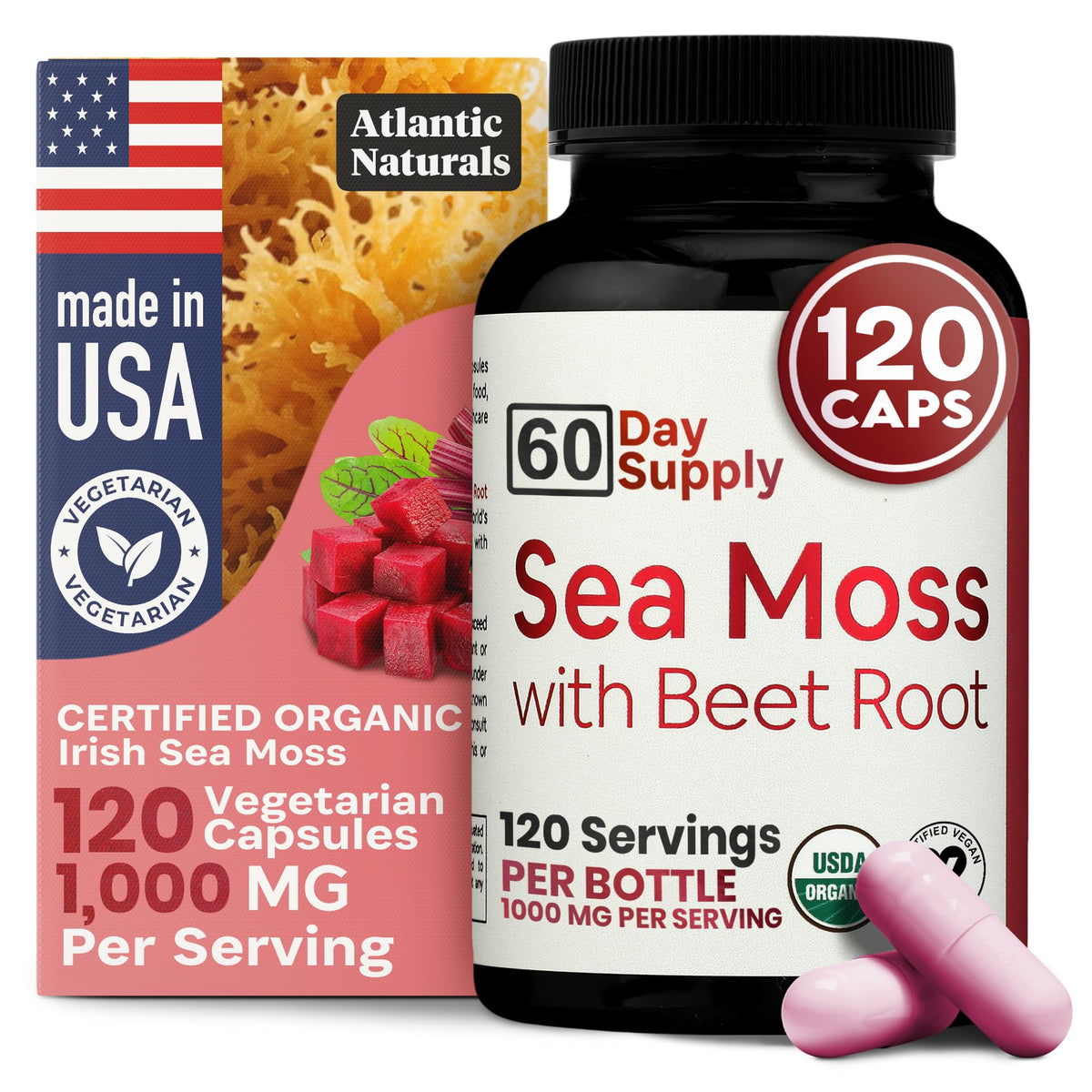 Atlantic Naturals Sea Moss with Beet Root Capsules bottle on a white background
