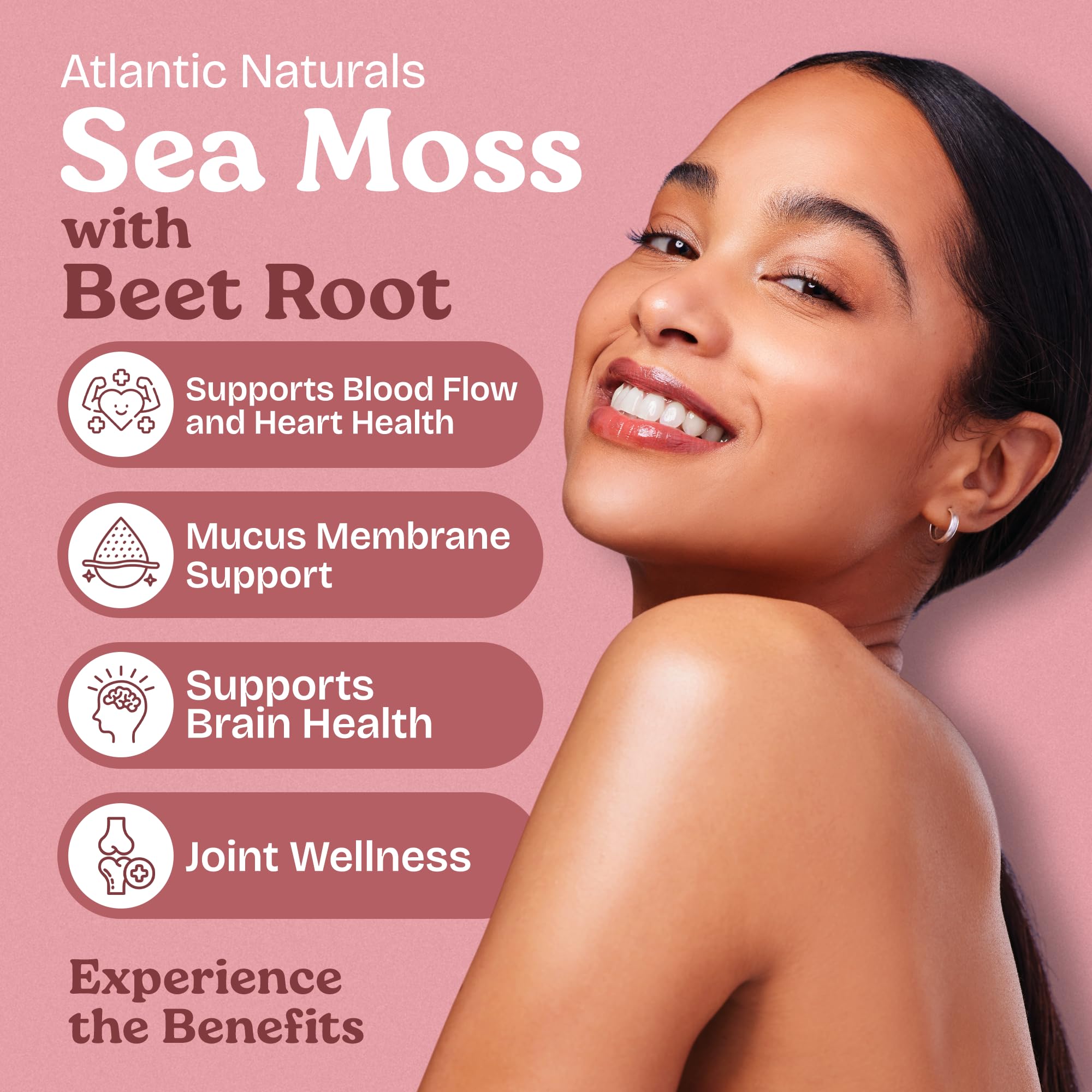 Close-up of Sea Moss and Beet Root capsules showing 500 mg per serving