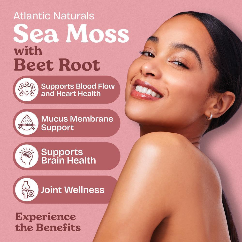 Close-up of Sea Moss and Beet Root capsules showing 500 mg per serving