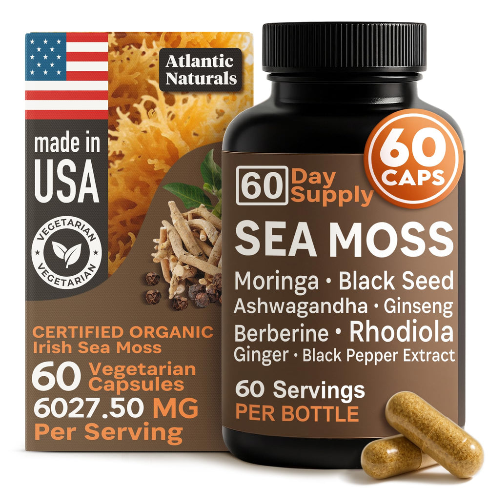 Bottle of Atlantic Naturals Sea Moss Capsules with Irish Sea Moss, Black Seed Oil, Ashwagandha and Moringa