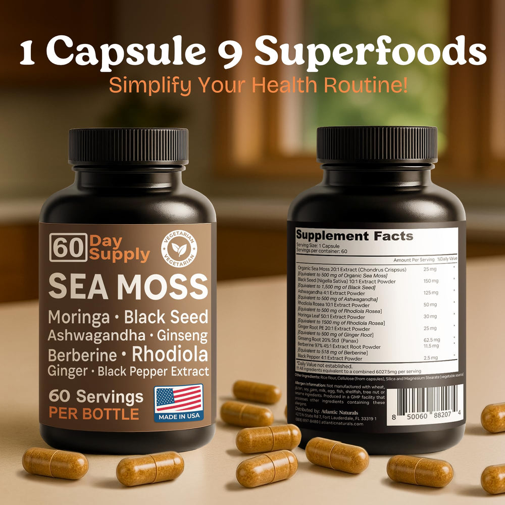 USA-made vegan sea moss capsules packaging