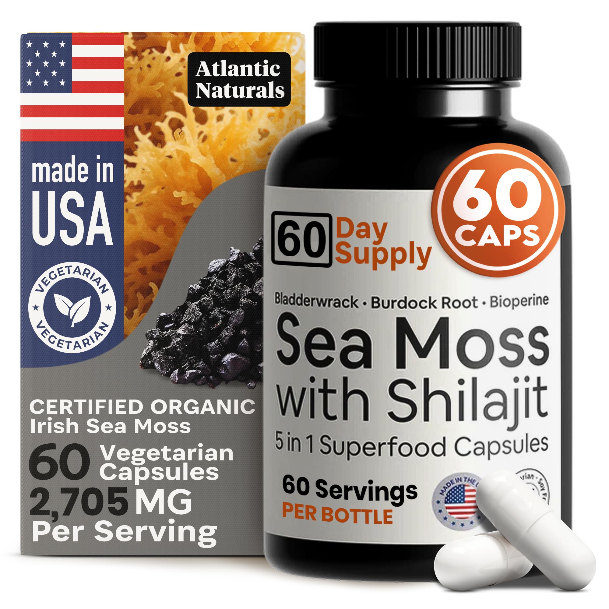 Bottle of Atlantic Naturals Sea Moss & Shilajit Capsules 60-count with label