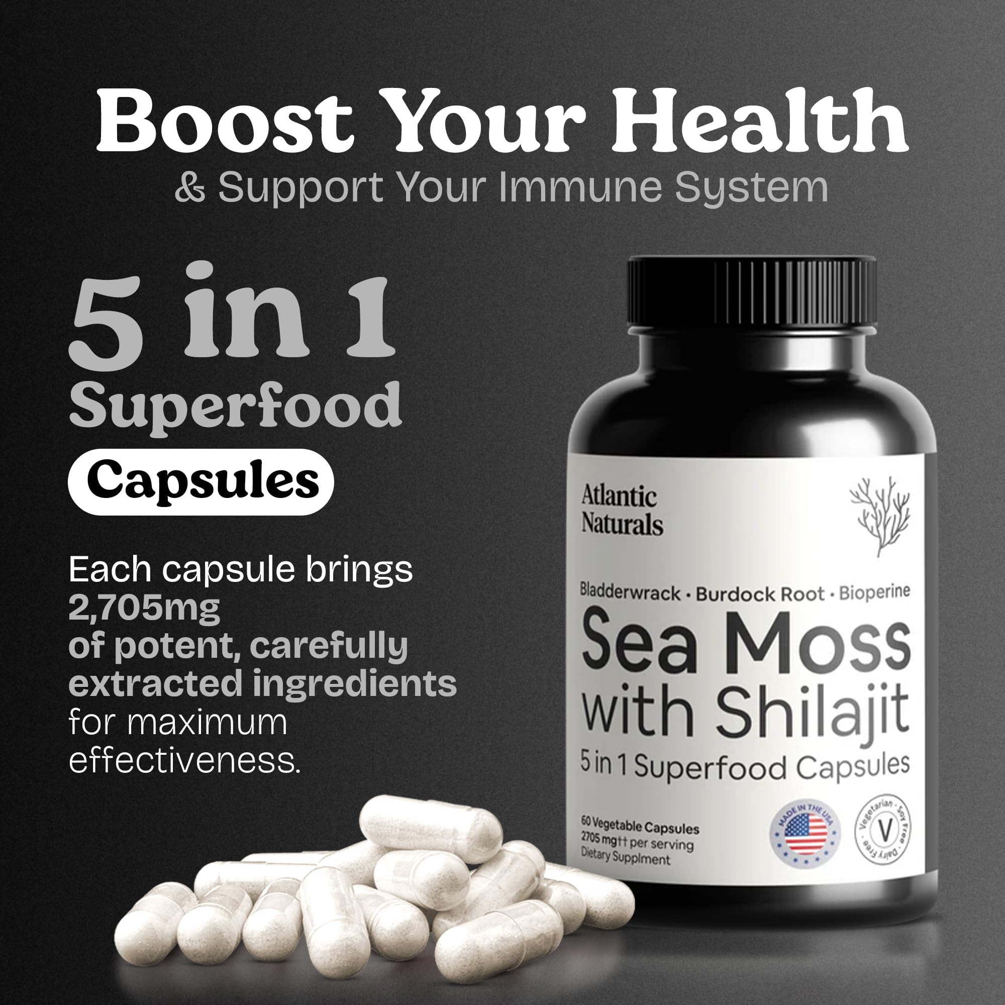 Close-up of sea moss, shilajit, bladderwrack, burdock root and black pepper ingredients