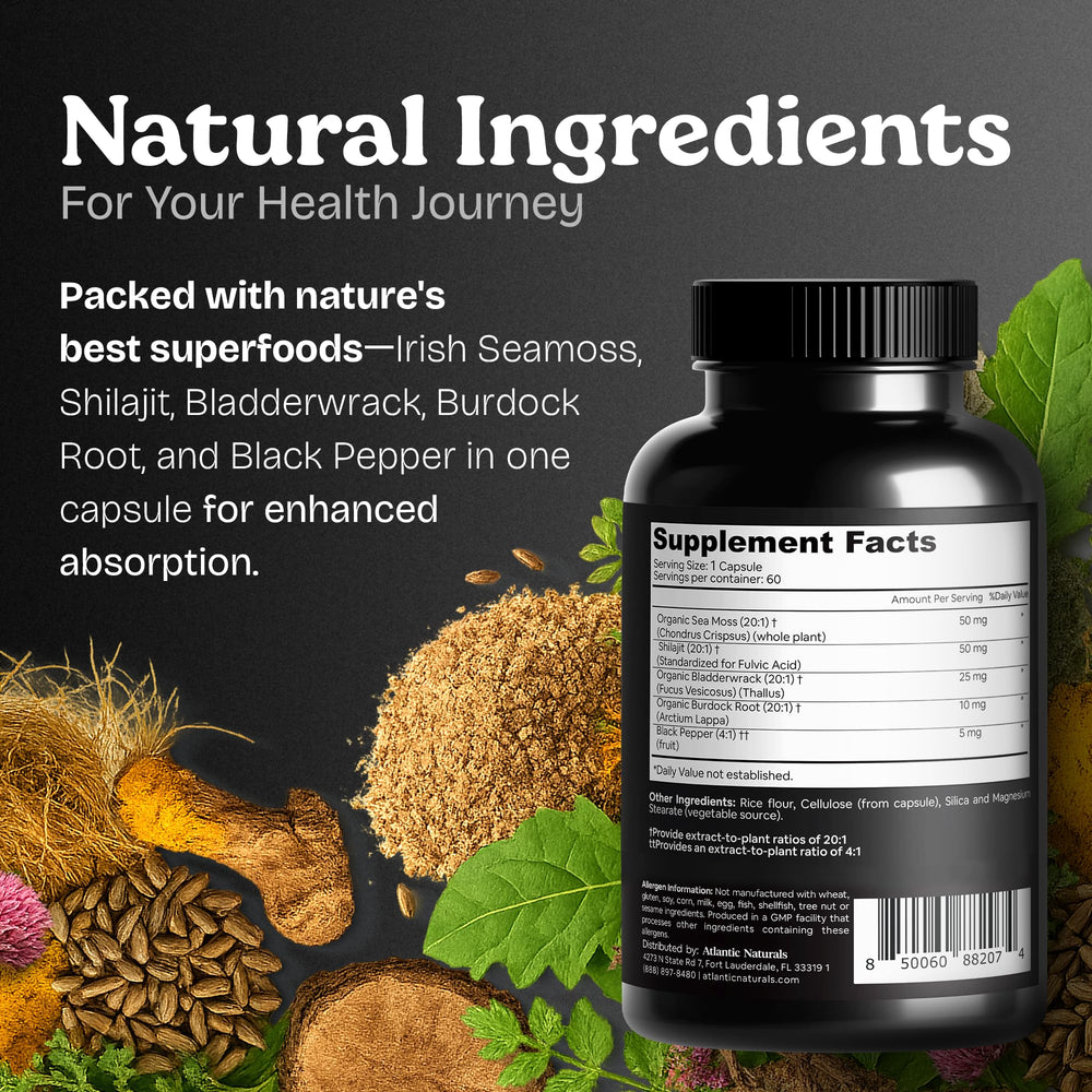 Seamoss shilajit ingredients set on clean white surface