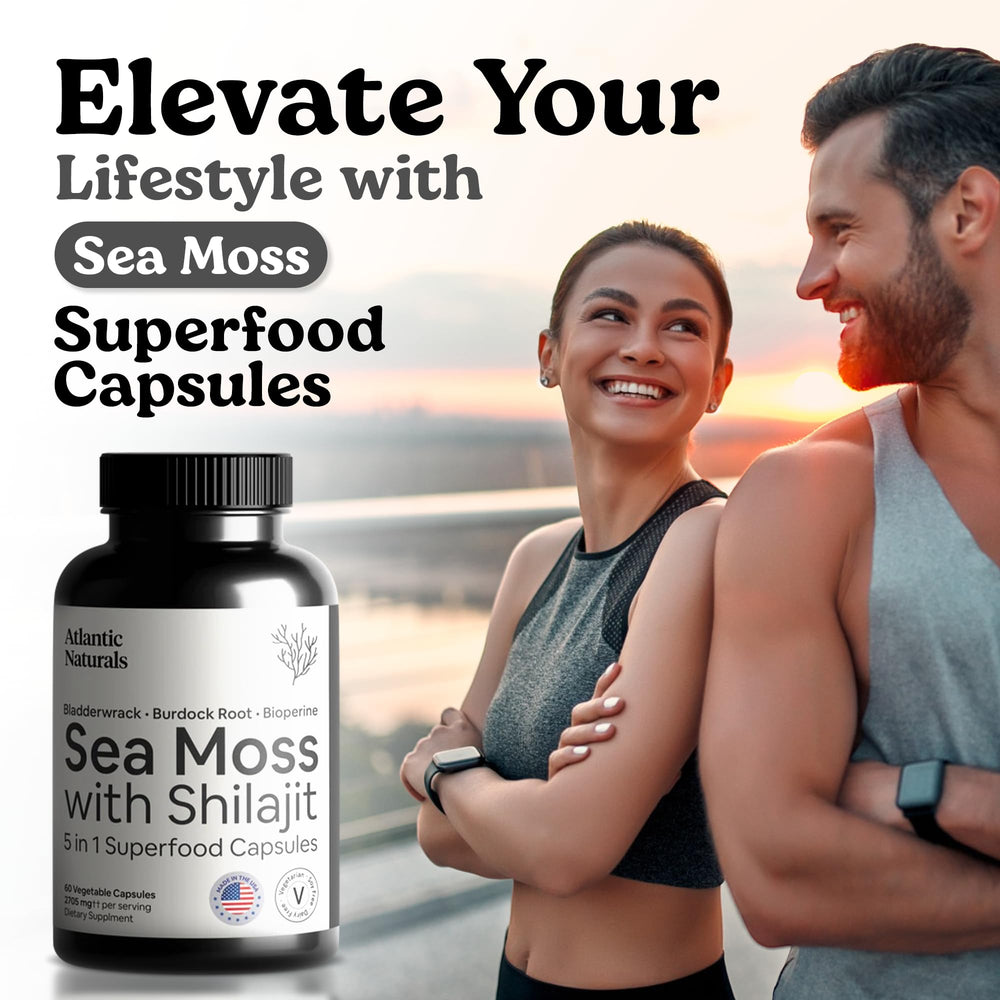 Styled product shot of Atlantic Naturals Sea Moss & Shilajit Capsules