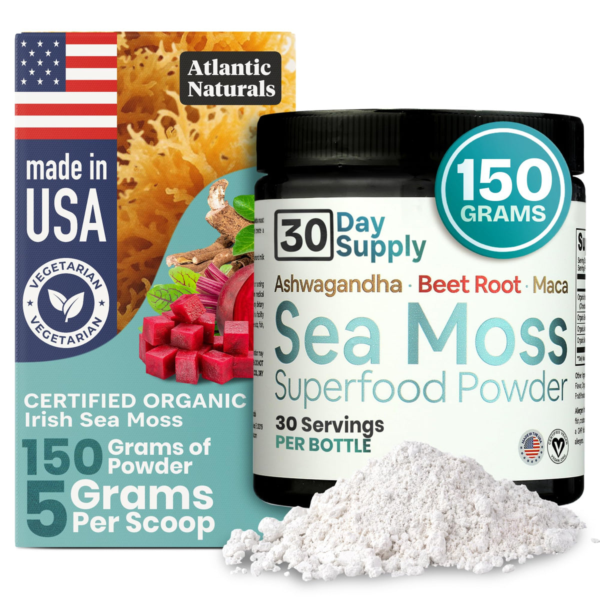 Atlantic Naturals Sea Moss Superfood Powder vanilla flavor in 150g packaging with ashwagandha and maca