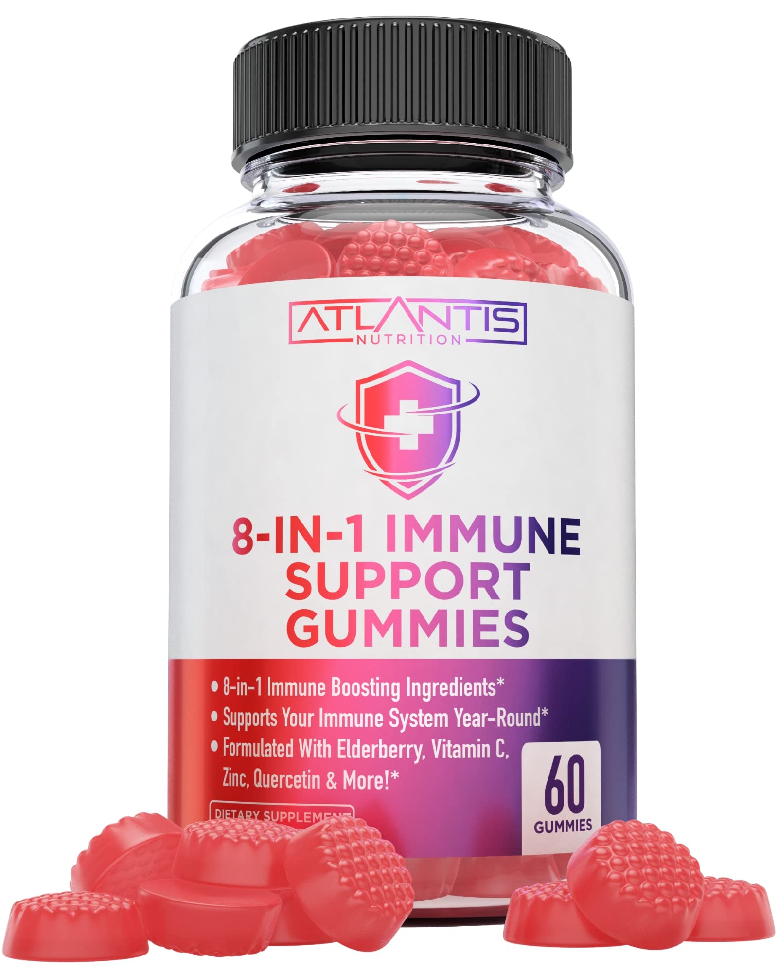 Front view of Atlantis Nutrition 8-in-1 Immune Support Gummies with Elderberry packaging