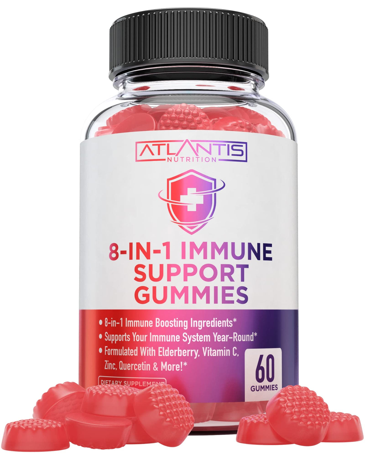 Front view of Atlantis Nutrition 8-in-1 Immune Support Gummies with Elderberry packaging