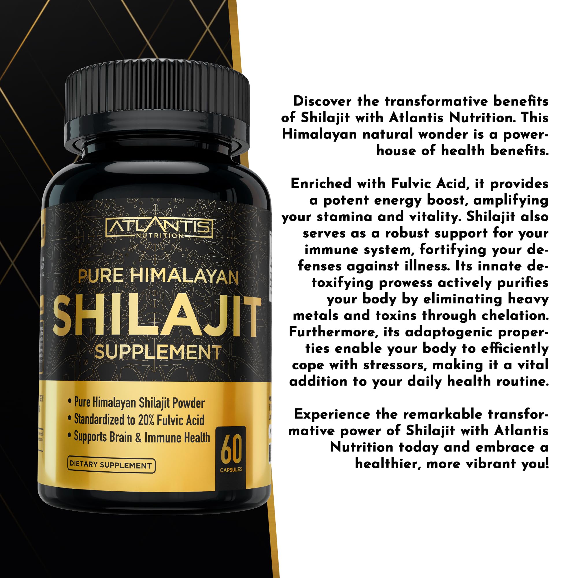 Packaging and branding of Atlantis Himalayan Shilajit capsules