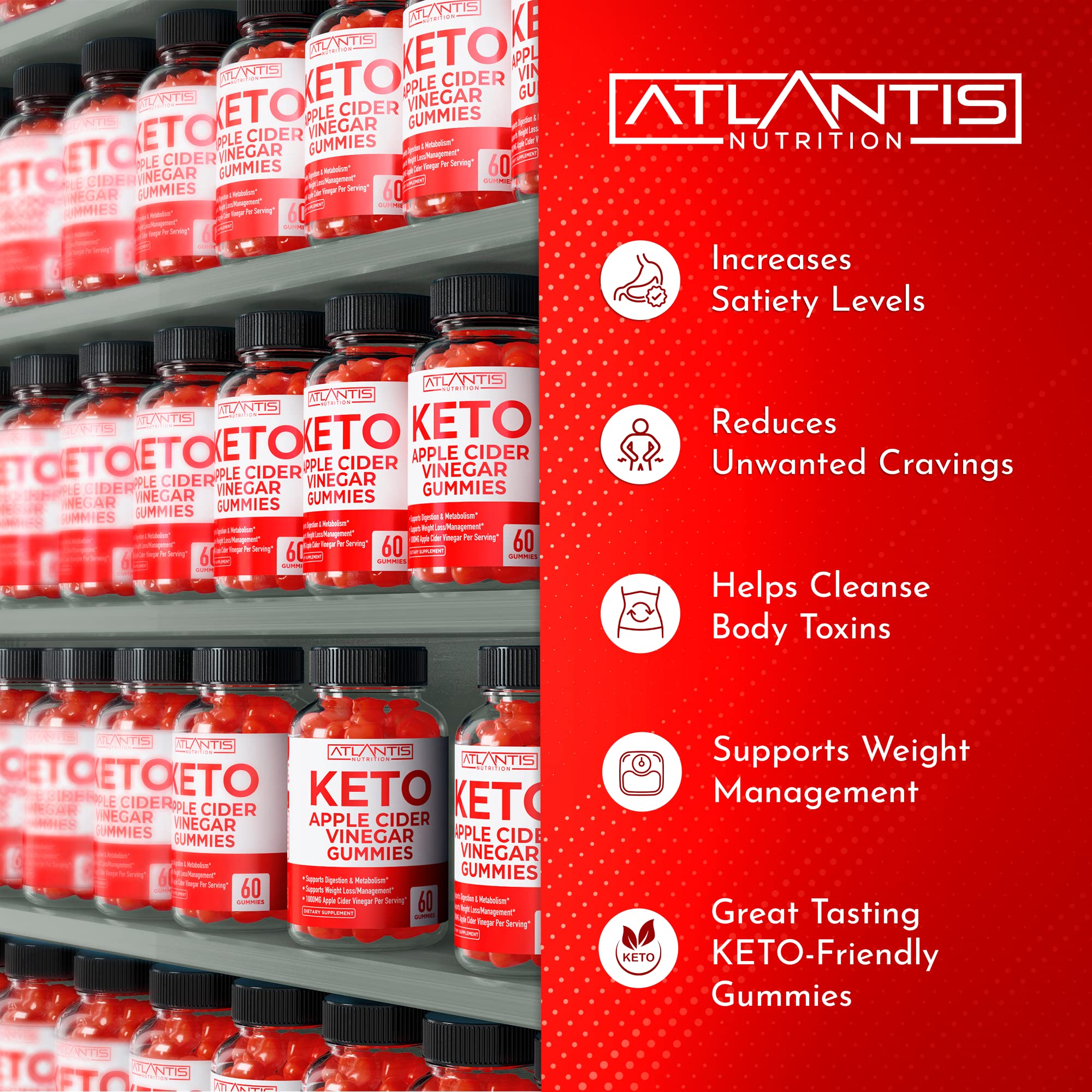 Atlantis Nutrition Keto ACV Gummies serving visual shows chewy texture and dosage context.
