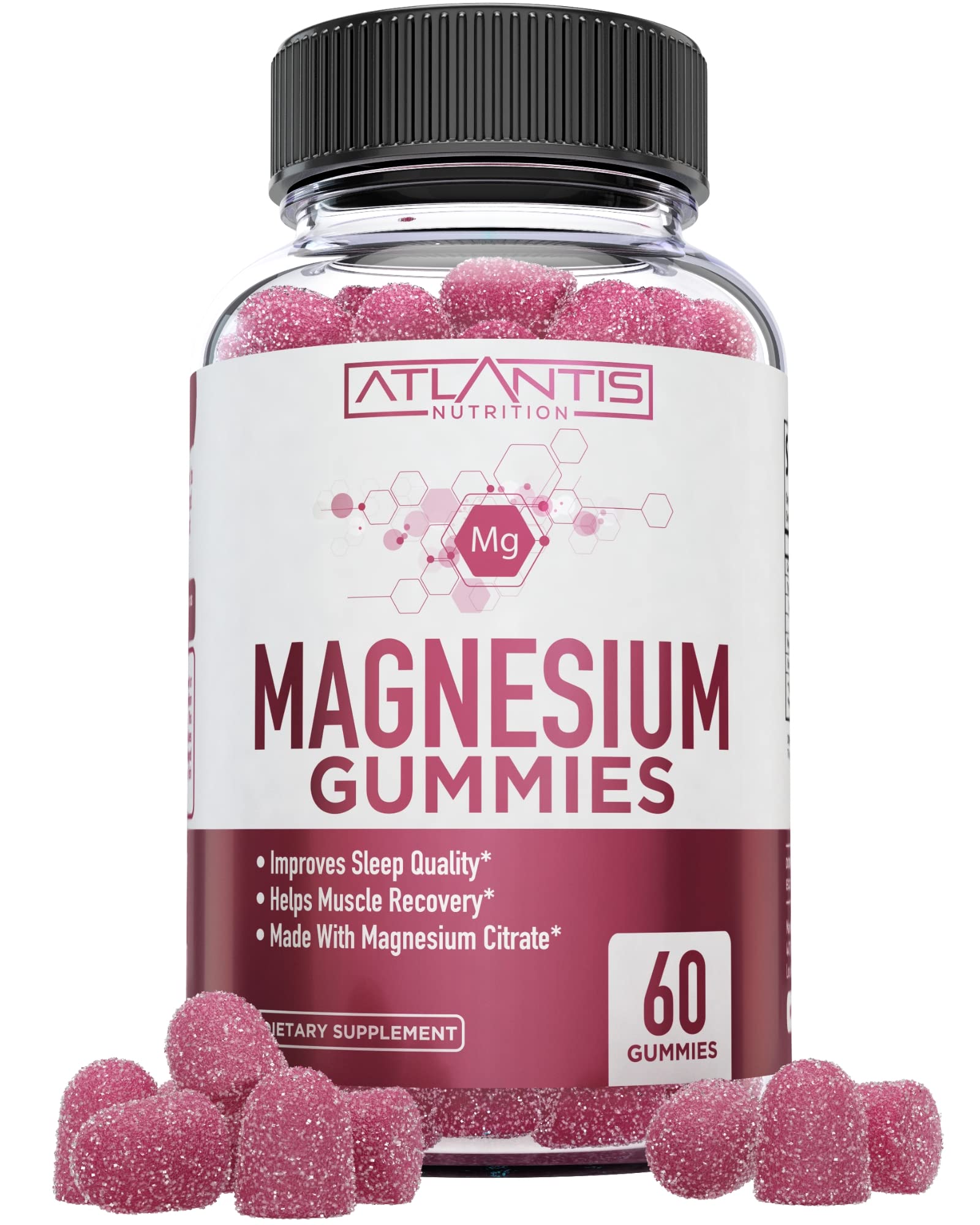 Close-up of raspberry-flavored Atlantis Nutrition Magnesium Citrate Gummies