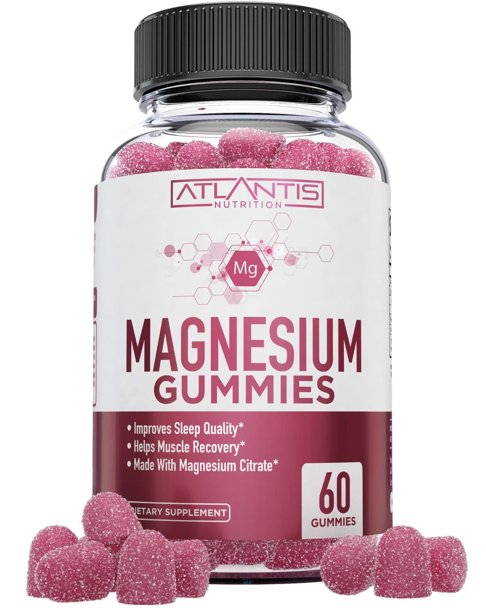 Close-up of raspberry-flavored Atlantis Nutrition Magnesium Citrate Gummies