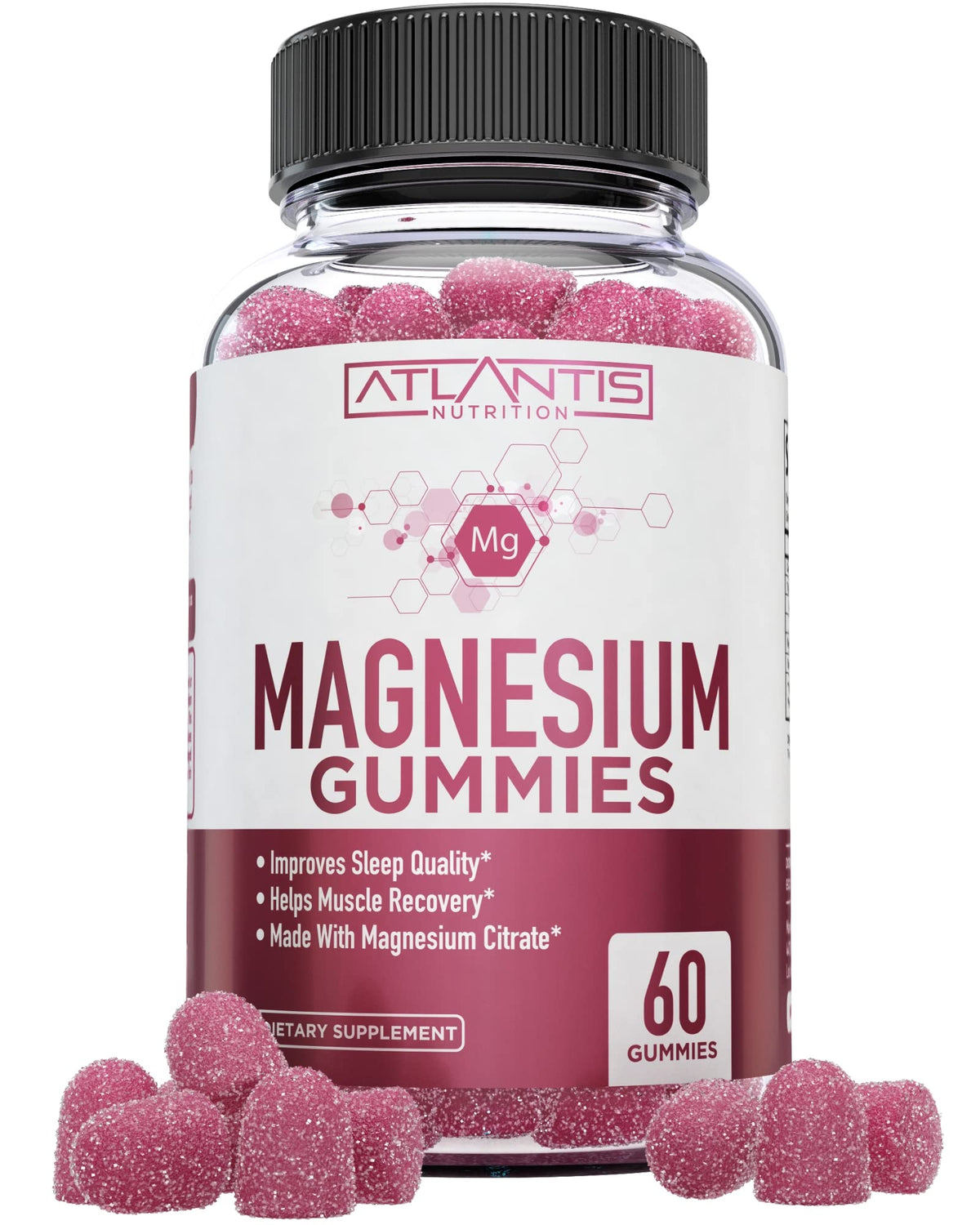 Close-up of raspberry-flavored Atlantis Nutrition Magnesium Citrate Gummies