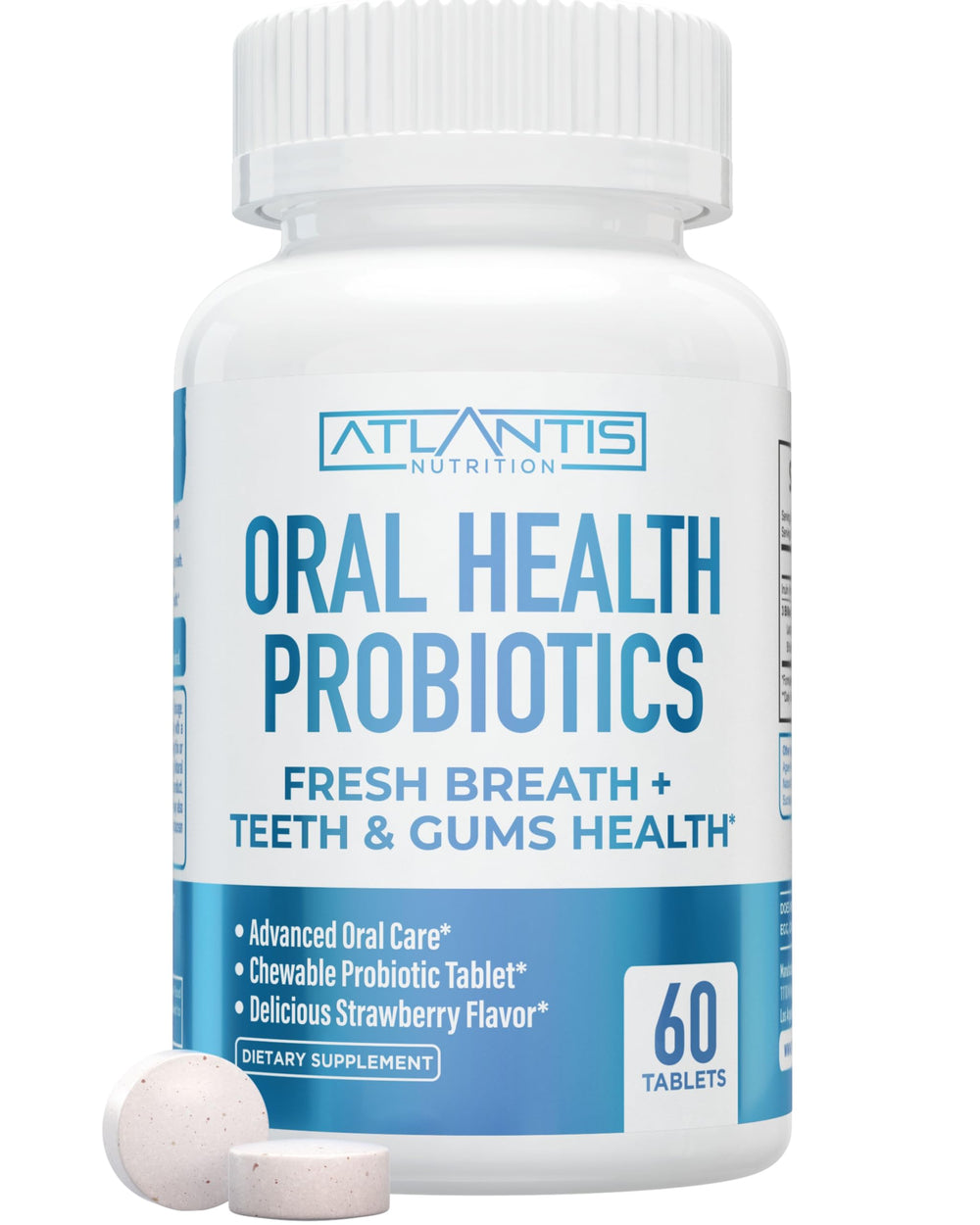 Bottle of Atlantis Nutrition Oral Probiotics chewable tablets with 3 Billion CFU and strawberry flavor.