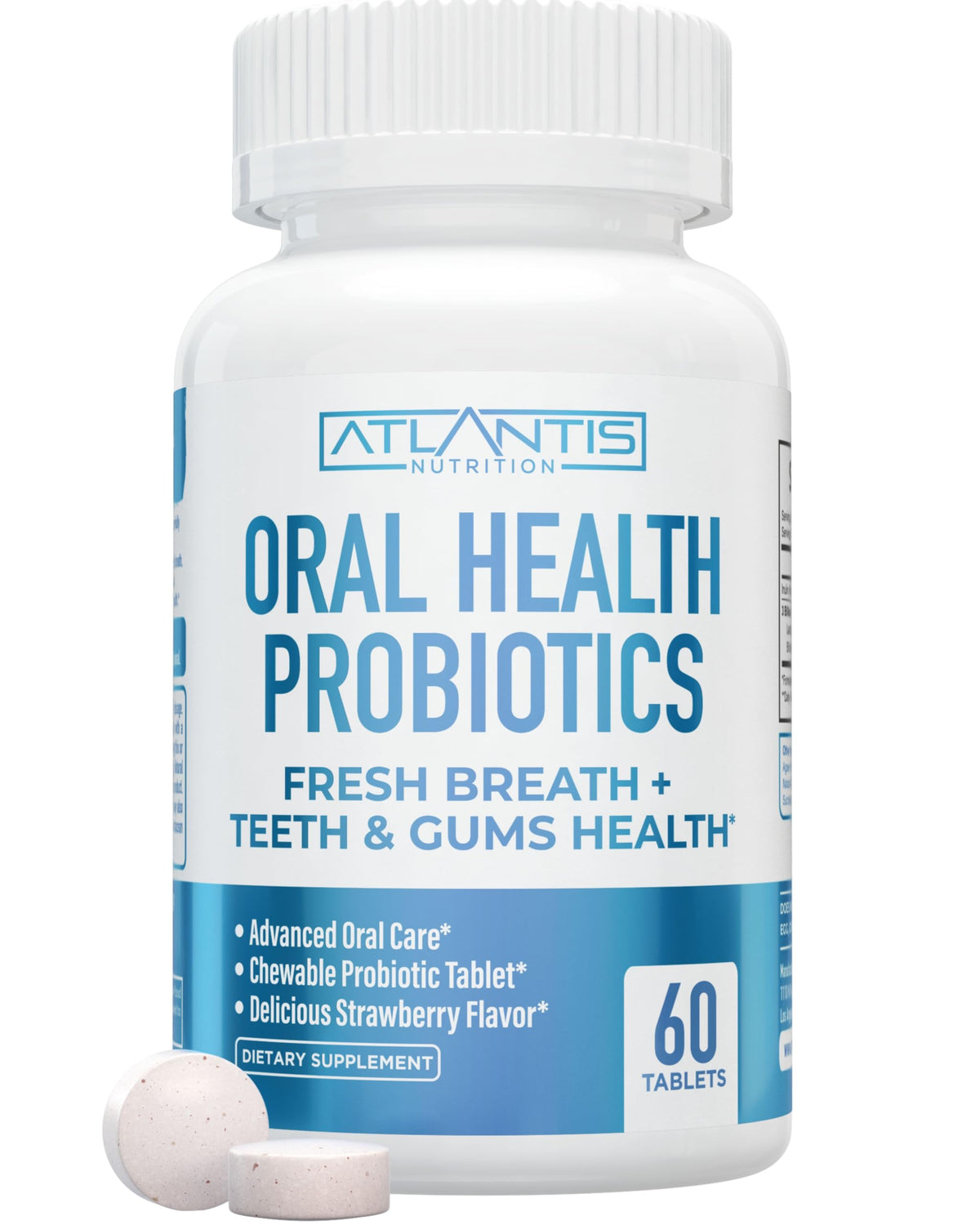 Bottle of Atlantis Nutrition Oral Probiotics chewable tablets with 3 Billion CFU and strawberry flavor.