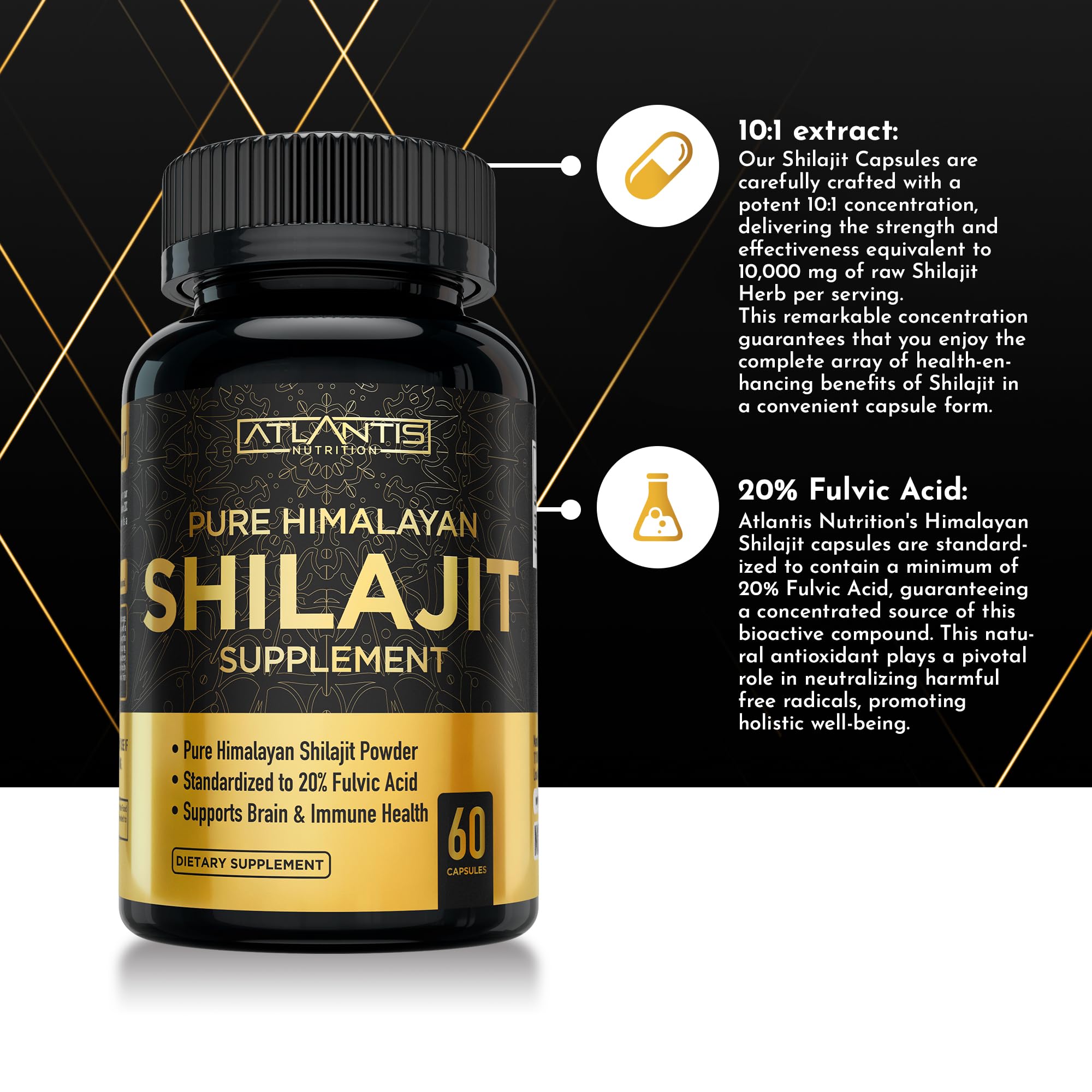Atlantis Shilajit capsules 10:1 extract in USA-made packaging