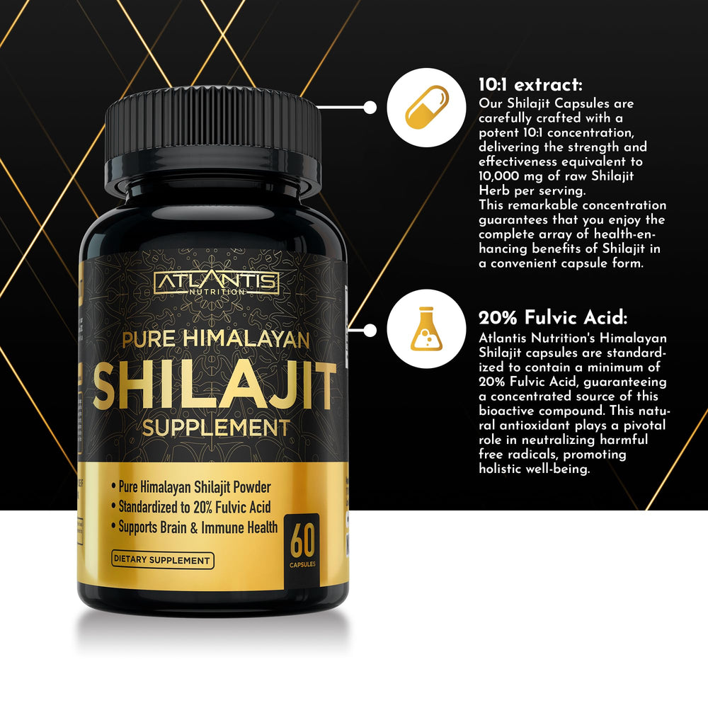 Atlantis Shilajit capsules 10:1 extract in USA-made packaging