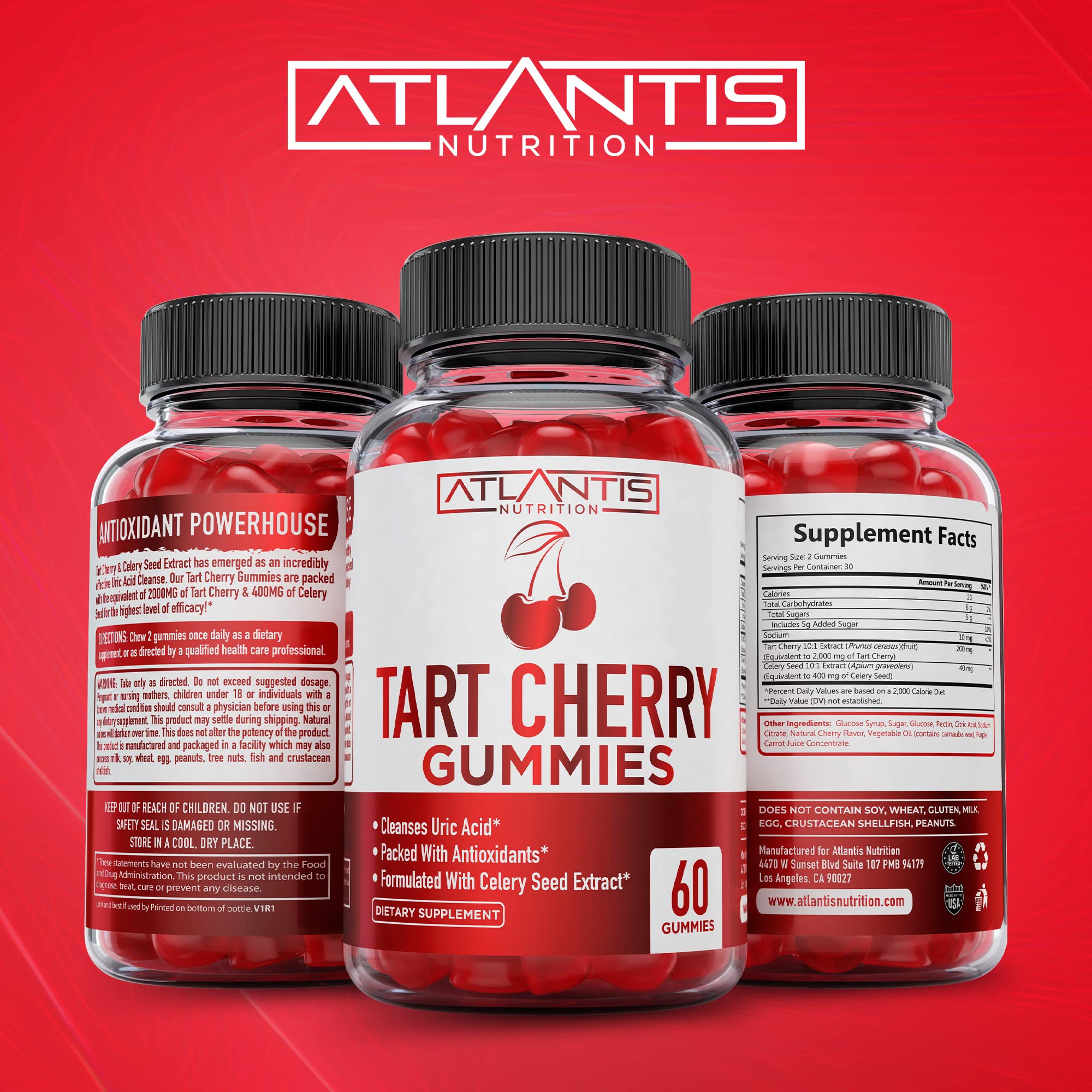 Chewable tart cherry gummies on white background