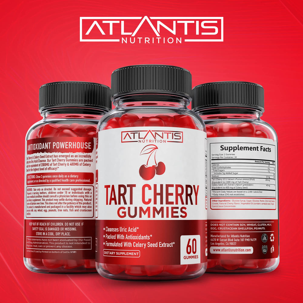Chewable tart cherry gummies on white background