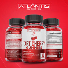 Chewable tart cherry gummies on white background