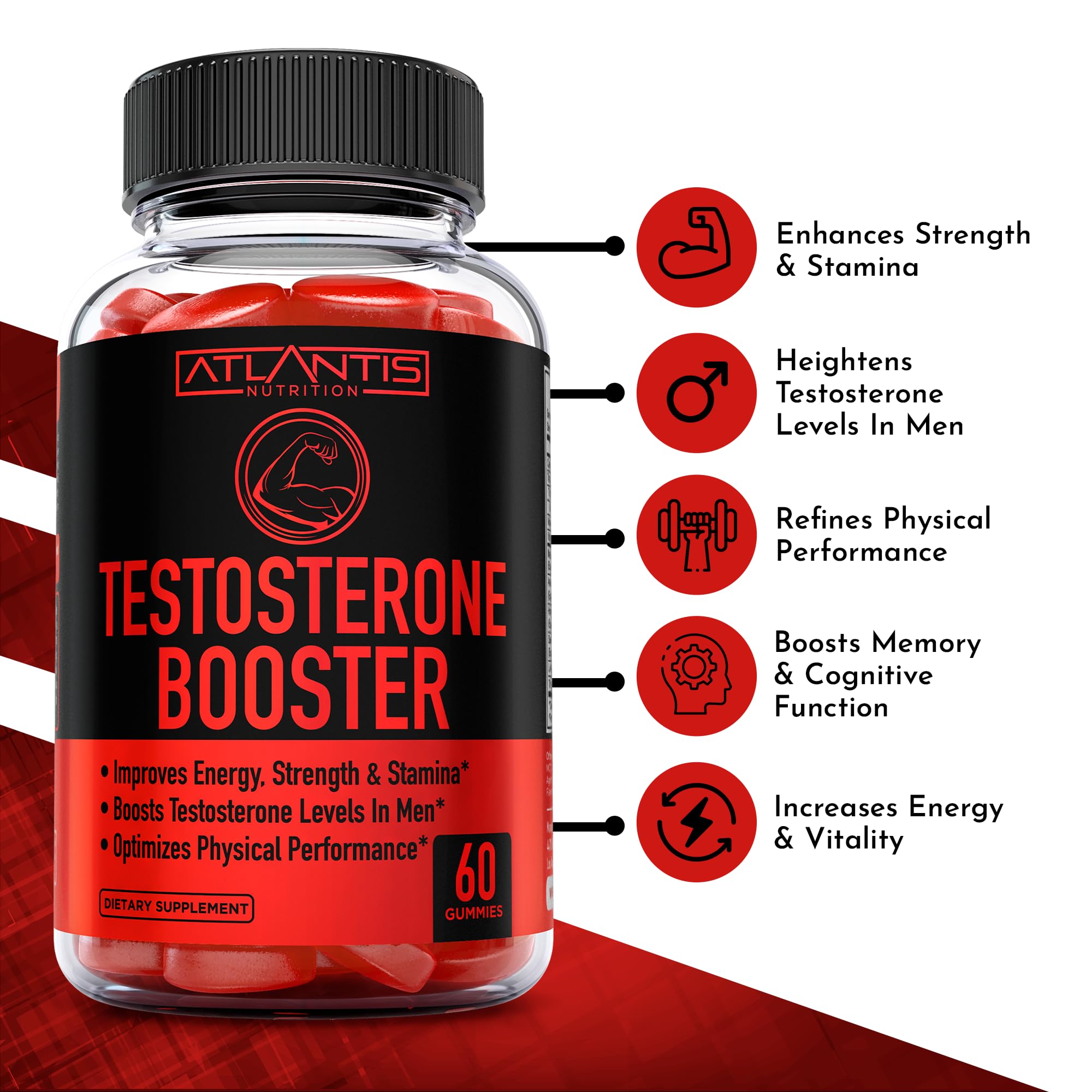 Close-up of Atlantis gummies highlighting maca-tribulus blend for stamina support.