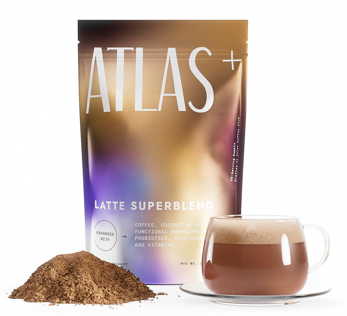 Atlas+ Latte Superblend hero image featuring cup