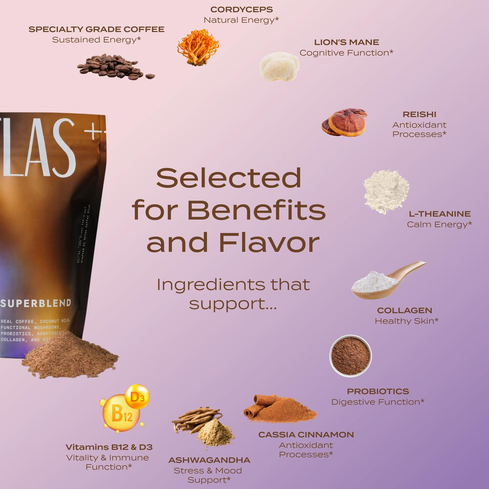 Close-up of ingredients including mushrooms, collagen and probiotics
