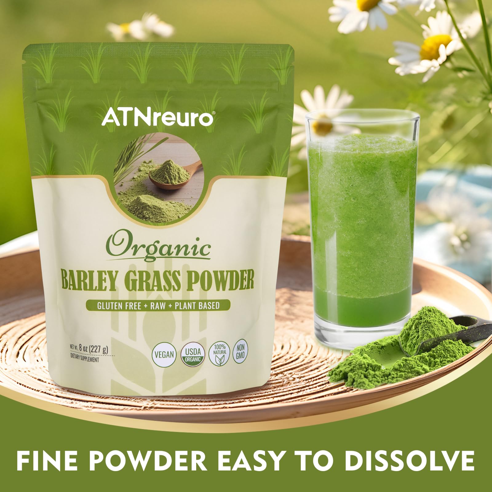 Close-up of fine green barley grass powder texture