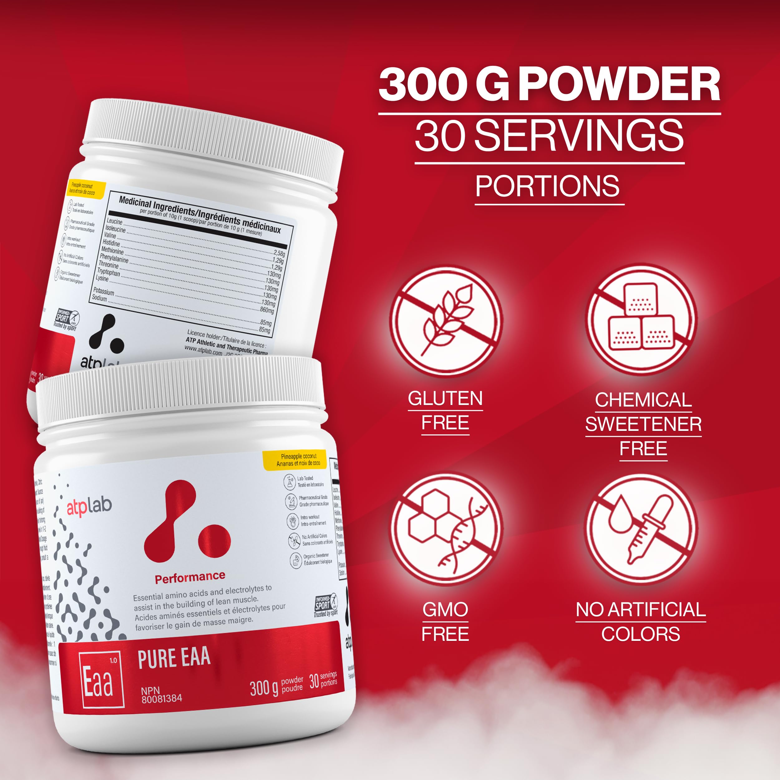 Nutrition facts panel on ATP Lab Pure EAA Powder 300g