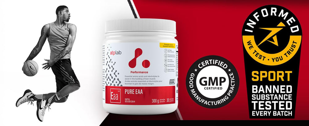 ATP Lab Pure EAA Powder container on kitchen counter