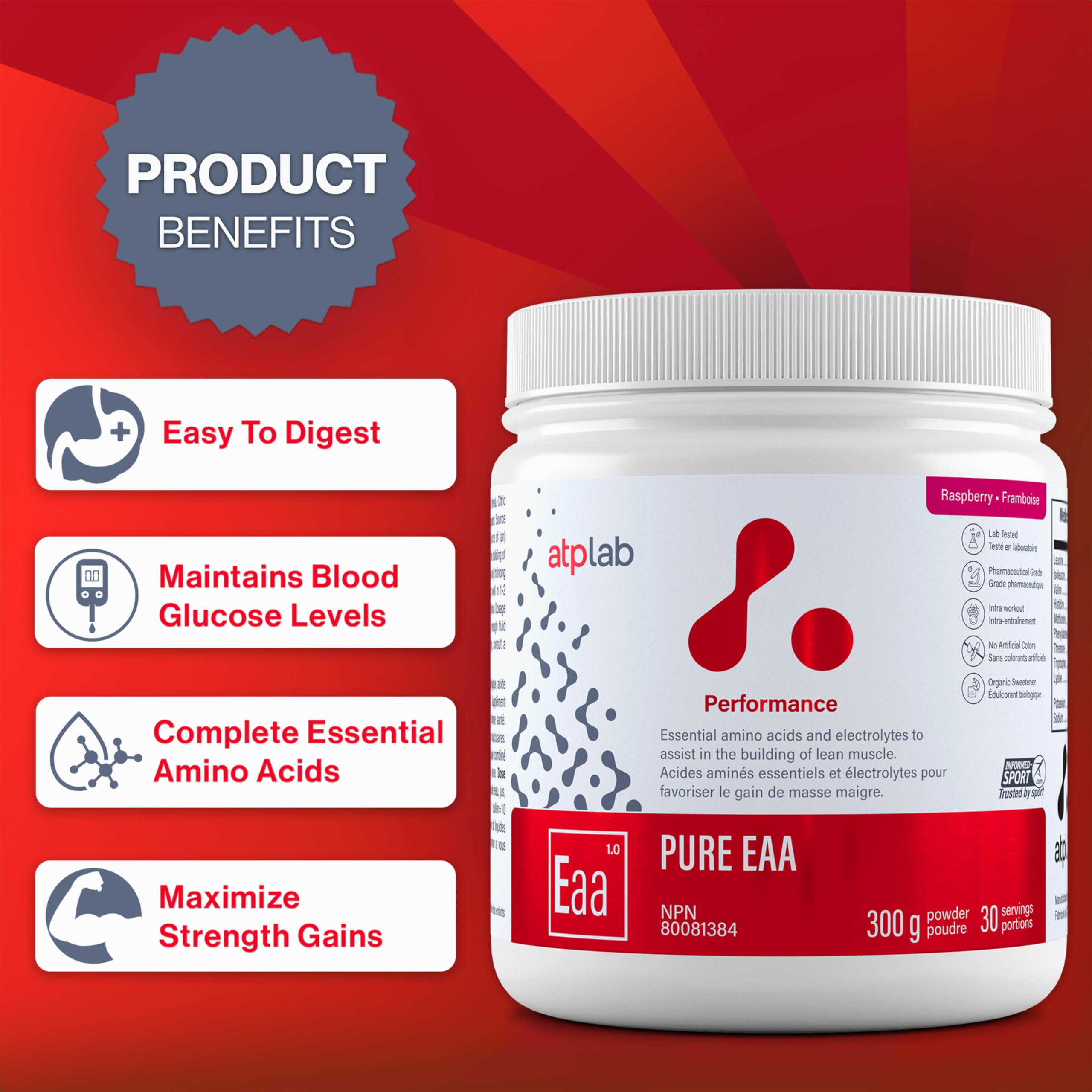 Nutrition facts panel of ATP Lab Pure EAA Powder Raspberry