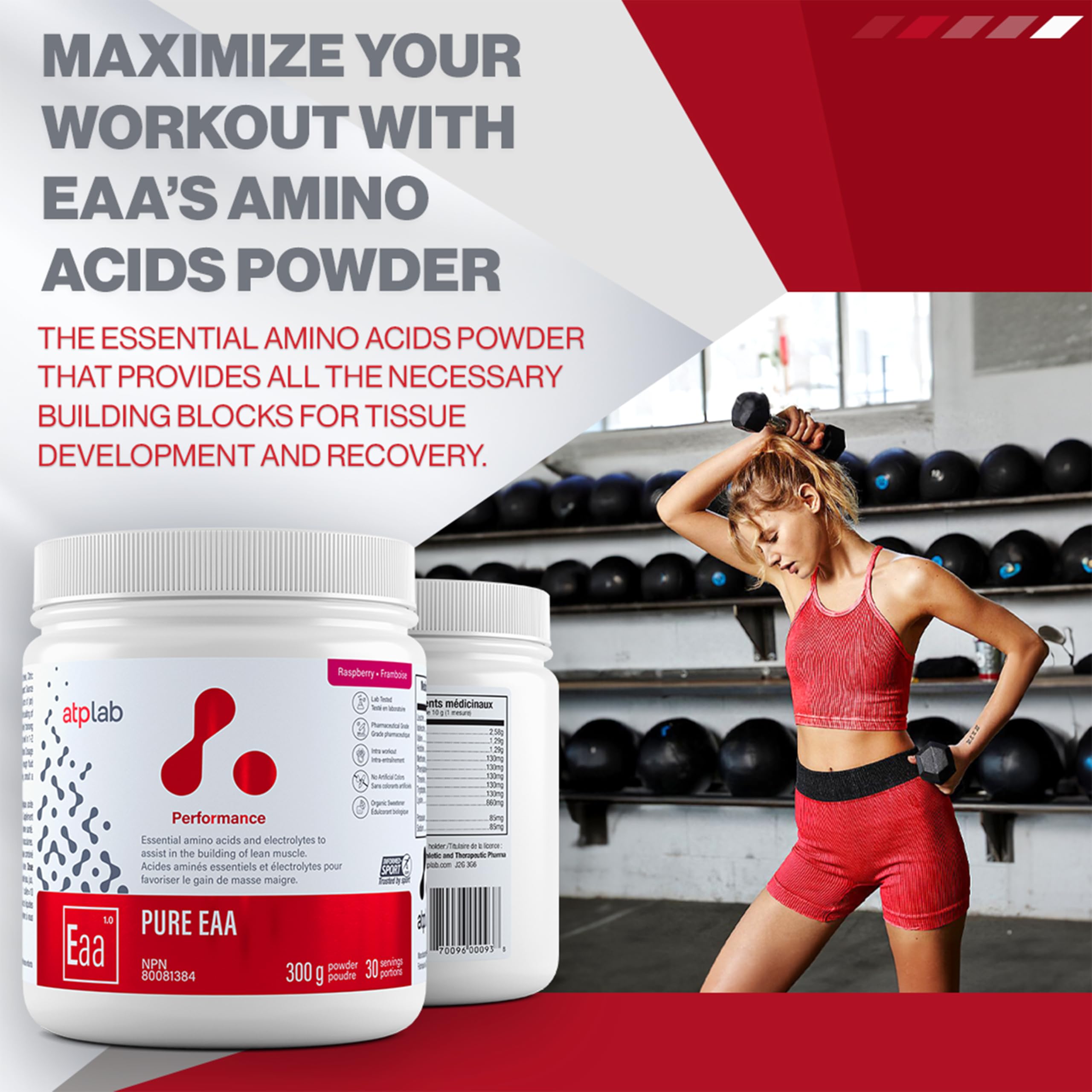 Serving scoop of Raspberry EAA powder being added to liquid