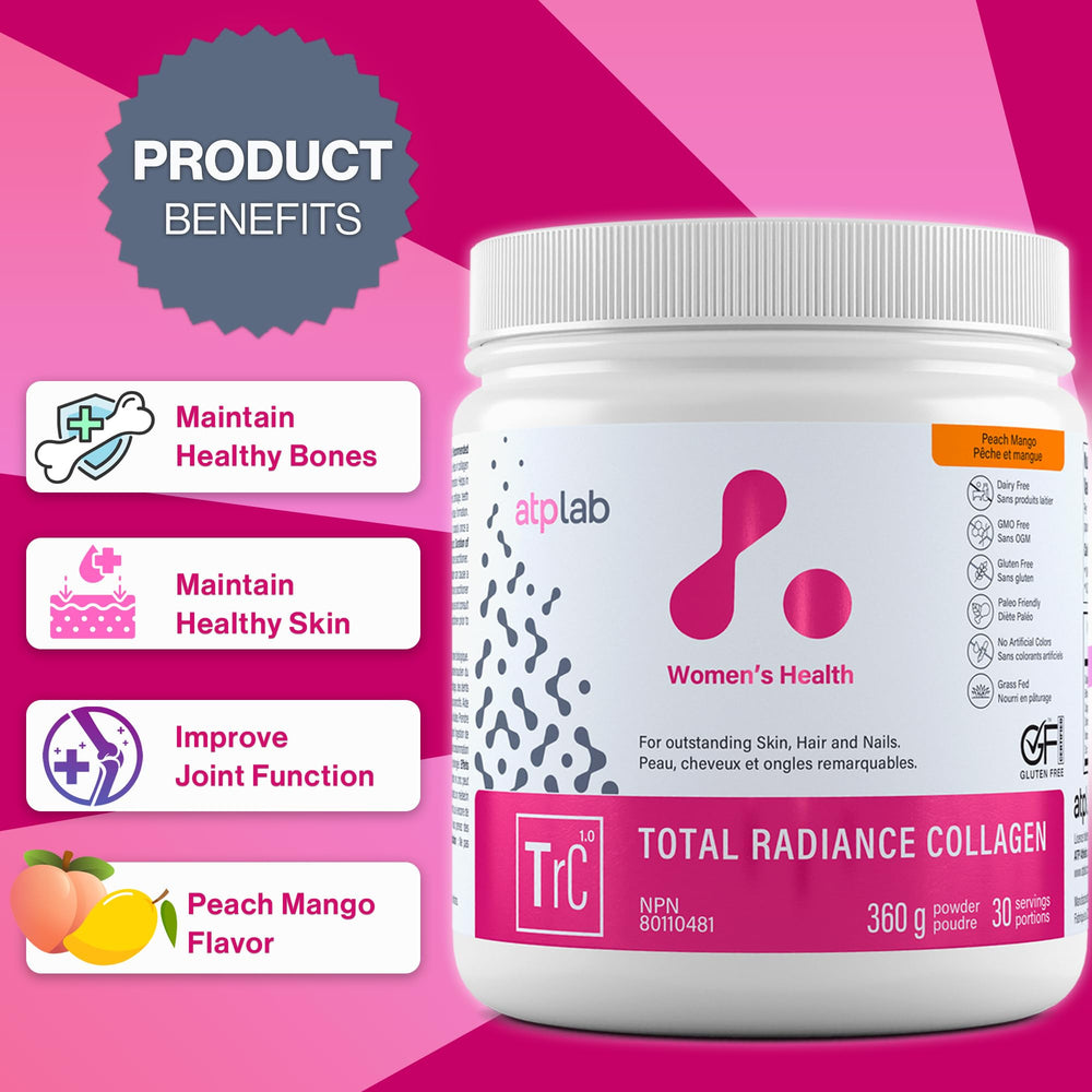 Collagen powder in a glass for ATP LAB Total Radiance Peach Mango 360g