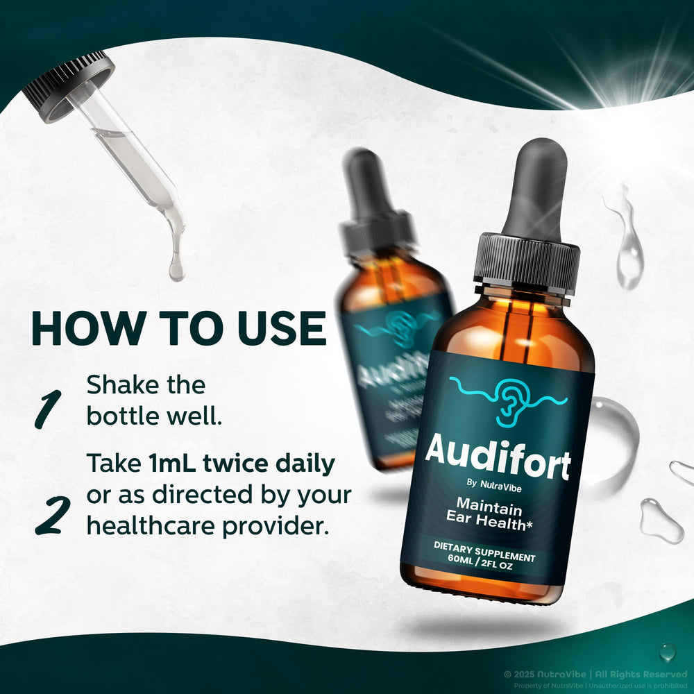 Illustration showing how to use Audifort drops with a dropper
