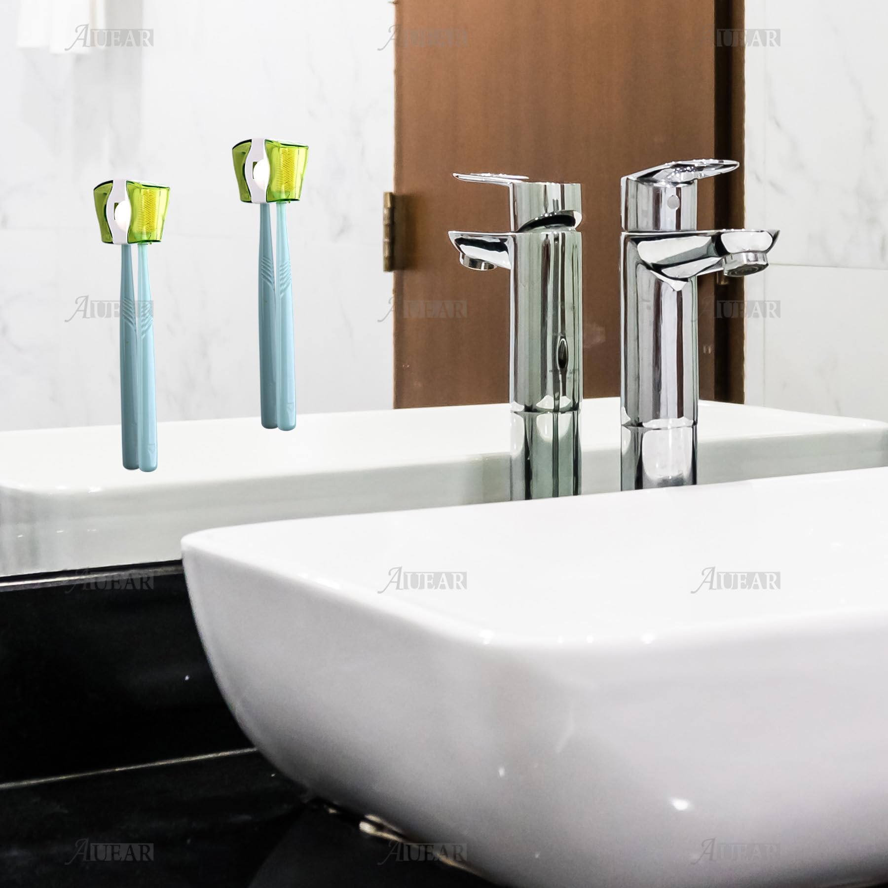 Toothbrush holders mounted on bathroom wall