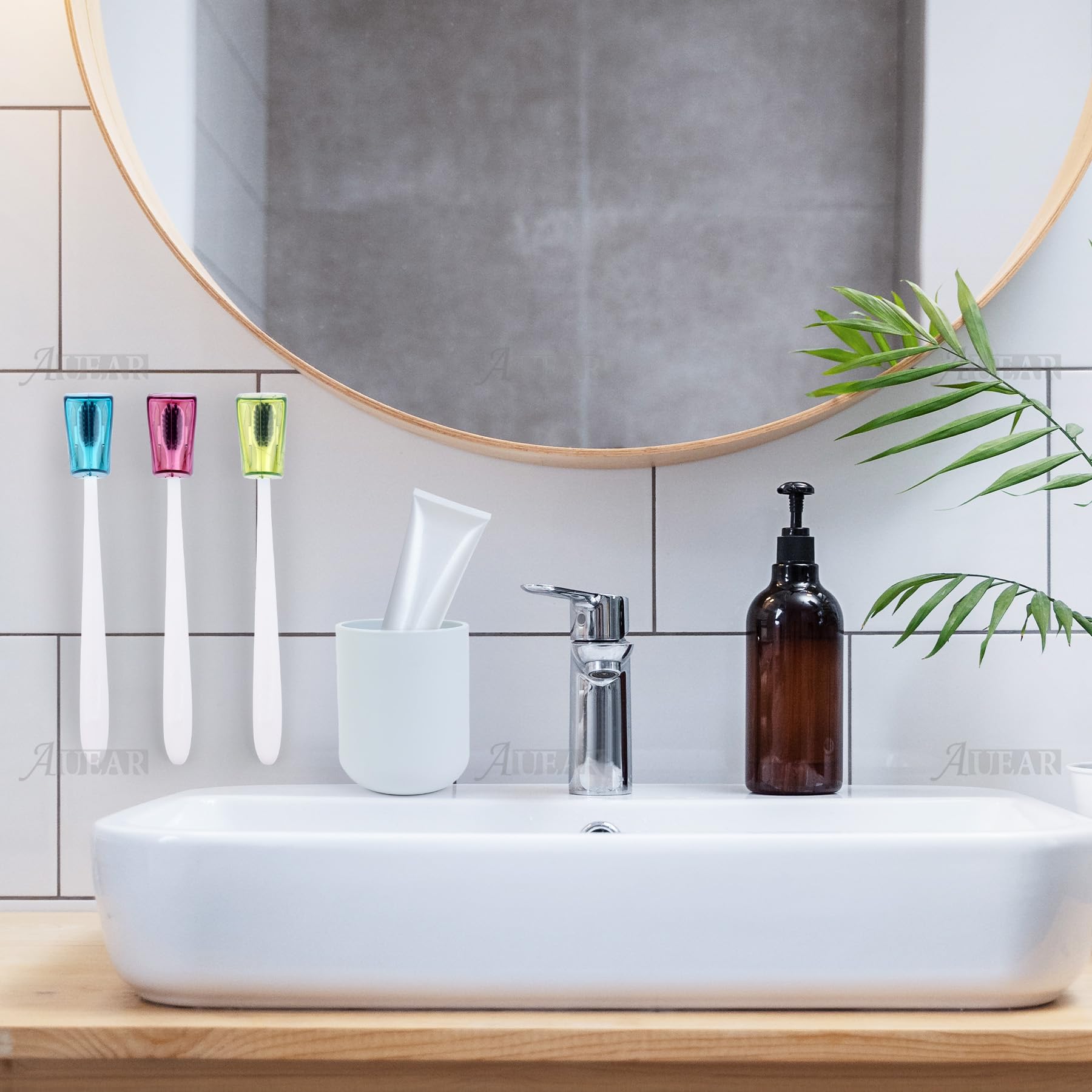 Suction cup toothbrush holder attached to a mirror